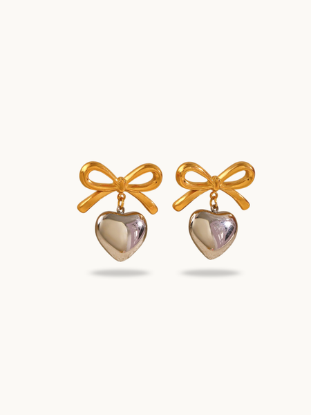 Two Tone Heart Bow Earrings